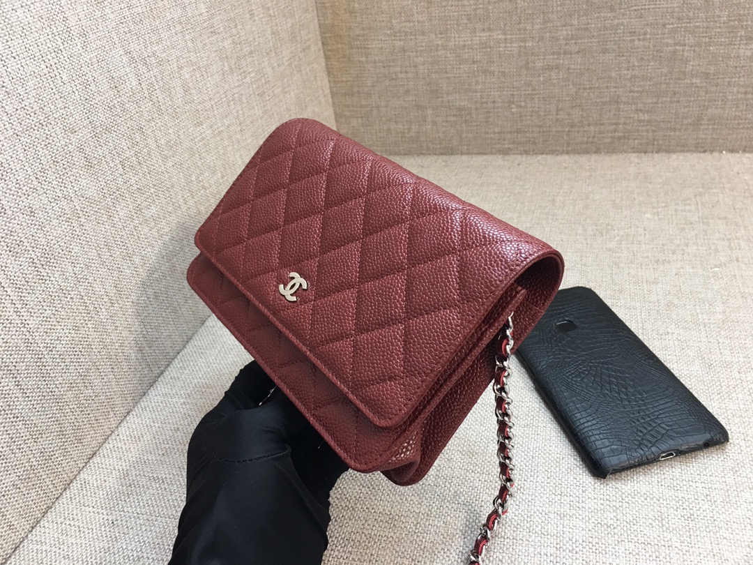 Caviar Leather Wallet On Chain Shoulder Bag A33814 Burgundy/Silver